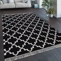 Paco Home Tapis de salon Motif marocain Franges Tissé à la main Laine Noir et blanc Dimensions 60 x 110 cm
