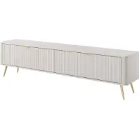 Bettso Armoire RTV Meuble TV large avec 2 portes façades striées pieds dorés poignées dorées LANTE 200 cm Beige