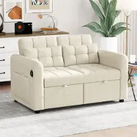 OKWISH Canapé-Lit Convertible 2 Places avec Dossier Réglable et Poches Latérales - Toile de Coton - 142×85×83 cm - Beige