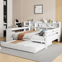 MODFU Lit Gigogne Double 140x200 cm - Lit en Bois Massif avec Bureau, Étagères et Lit Coulissant Sous Le Lit, Design Moderne, Blanc, Sans Matelas