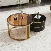 MODFU Set de Tables Bassses 2 Pièces - Plateau Verre, Métal Noir, 2 Tiroirs - MDF et Plastique - Noir et Marron - 70x70x45 + 50x50x40 cm