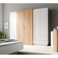 Meble Laski Armoire Triest à portes battantes 230 x 51 x 201 cm, blanc, doré, chêne craft, 5 portes