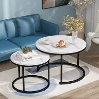 MODFU Tables Basses Gigognes, Lot de 2 Rondes, Plateau MDF, Cadre Métal Robuste, Pour Salon, 71×71×50 cm & 46×44 cm - Blanc