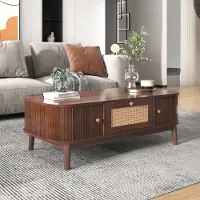 OKWISH Table basse en rotin avec tiroirs et portes coulissantes en bois massif, pieds en bois massif 110x55x38,5 cm, blanche