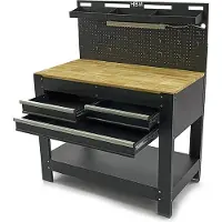 HBM Établi professionnel en métal avec 3 tiroirs, plan de travail en bois massif, éclairage LED, prises 230V et port USB, longueur 115cm
