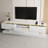 OKWISH Meuble TV - avec Éclairage LED Multicolore, 3 Tiroirs et Étagère Ouverte, Finition Haute Brillance pour Salon - 180 x 38 x 45 cm - Blanc