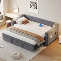 OKWISH Lit Gigogne 90x190 cm avec Ports USB et Rangement Intégré, Canapé-Lit Multifonction en Velours - Gris