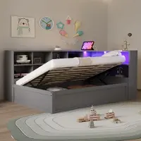 OKWISH Lit Coffre 90x200 cm - Lit Simple Multifonction avec Prises USB et Rangement, Lit Dossier Rembourré en Bois et MDF, Sans Matelas - Gris