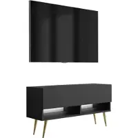 3Xeliving Meuble TV bas de 100 cm, finition noire mate, pieds inclinés dorés, éclairage LED blanc
