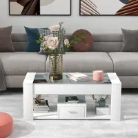 Sweiko Table basse de salon avec plateau en verre, casiers et espace de rangement, blanc 100 x 50 x 40cm