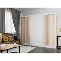 MargaretHadas24 Armoire Lili à lamelles 250 cm avec 3 portes coulissantes Armoire à portes coulissantes Tringle à vêtements Penderie Armoire Livraison à domicile (Couleur : blanc, blanc, lamelles wotan)
