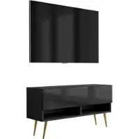3Xeliving Meuble TV bas de 100 cm, finition noir mat / noir brillant, pieds inclinés dorés