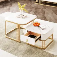 OKWISH Table Basse Gigogne Moderne 2 Pièces avec Plateau en Verre Effet Marbre - Structure Métal Doré - Blanc et Or - 60x60x45 + 50x50x34 cm