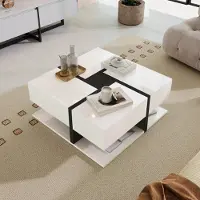 MODFU Table Basse Moderne avec Rangements Sous Plateau, Meuble de Salon Carré en Panneau de Particules, Blanc et Noir 78×78×36 cm