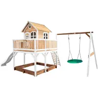 Axi Liam Maison Enfant Avec Bac À Sable, Balançoire Nid D’Oiseau Vert & Toboggan Blanc | Aire De Jeux Pour L'Extérieur En Marron & Blanc |