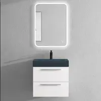 Doporro Meuble de Salle de Bains Blanc Mat Ensemble de 3 Pièces Meuble Suspendu avec Lavabo 60 cm et Miroir LED Design Quadratto