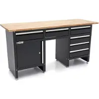 HBM établi 171 cm avec 6 tiroirs et porte, plan de travail en bois massif, noir