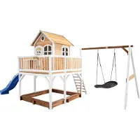 Axi Liam Maison Enfant Avec Bac À Sable, Balançoire Nid D’Oiseau Noir & Toboggan Bleu | Aire De Jeux Pour L'Extérieur En Marron & Blanc | Maisonnette