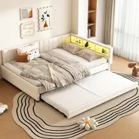 OKWISH Lit Gigogne 140x200 cm - Lit Double avec Ports USB Type-C et Éclairage LED d’Ambiance, Compartiment de Rangement, Tissu en Lin - sans Matelas - Beige