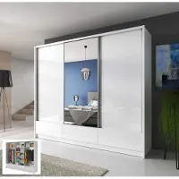 Piaski Armoire à portes coulissantes pour chambre à coucher avec tiroirs et miroir, blanc / blanc brillant - Largeur : 250-254 cm