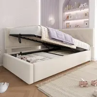 OKWISH Lit Coffre 90x200 cm - Lit Simple avec Sommier à Lattes, Lit avec Rangement et Revêtement en Velours, Lit Ado, Sans Matelas - Beige