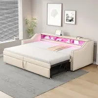 OKWISH Lit Banquette 90/180 x 200 cm - Lit Gigogne avec Rangement et Éclairage LED, Prise USB Intégrée, Lin Métal MDF, Sans Matelas - Beige