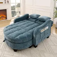 OKWISH Canapé Lit - Canapé Compact 1 Place avec Pouf de Rangement - Tissu Chenille - Structure en Bois - Bleu