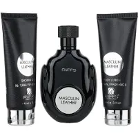 Riiffs Coffret cadeau Masculin Leather pour hommes : Eau de Parfum 100 ml + Gel Douche 100 ml + Lait Corporel 100 ml