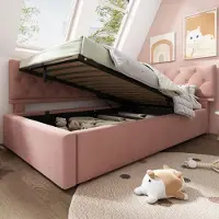 OKWISH Lit capitonné 90×190 cm, canapé-lit avec coffre de rangement hydraulique, lit pour adolescent avec sommier à lattes en bois, revêtement en velours, rose, sans matelas