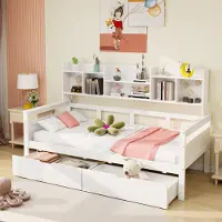 MODFU Lit Banquette 90x200 cm, Lit Enfant avec Rangement Intégré, Design Élégant en Bois Massif, Blanc, Sans Matelas
