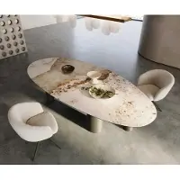 DELIFE Table à manger Edge Oval 280x130 Céramique Minas Melange Blanc-Beige Pilier Métal Effet Titane