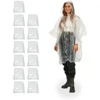 Relaxdays Lot de 13 ponchos de pluie jetables , capes de pluie à usage unique avec capuche, pour adultes, ponchos de secours pour femmes et hommes, transparents