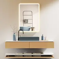 PonteSino HOKO Miroir de salle de bain 50x70 cm / 70x50 cm avec cadre Blanc+interrupteur tactile+lumière Changement blanc chaud-blanc froid-neutre 2700-6500 K. Alaska