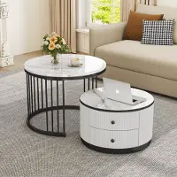 MODFU Ensemble Tables Basses Gigognes - 2 Tables Rondes Effet Marbre avec Tiroirs, MDF Blanc et Noir, 60×60×45,5 & 50×50×32 cm