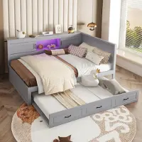 Aiorber Lits de jour, 140 x 200 cm, avec lit escamotable, télécommande LED, canapé-lit, USB & prise de courant, espace de rangement, gris (sans matelas)