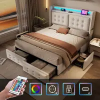 Sweiko Lit rembourré 180x200, Lit double avec tête de lit Led et USB C et 4 tiroirs, Lits de rangement , Beige,Sans matelas