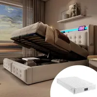 Sweiko Lit rembourré 160x200, lit double avec tête de lit Led et USB C , lit hydraulique , capacité de charge 300 kg,Beige,Avec matelas