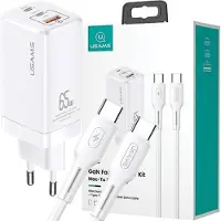 Usams ad. Siec. Mt 2Xusb-C+Usb Gan 65Wt33 Pd + Cable Usb-C-Usb-C 100W Fast Charging Biay/White Mtxlogtc02