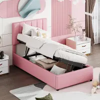 Sweiko Lit d'enfant Lit rembourré 90x200 cm, lit de rangement hydraulique, lit haut en lin doux pour la peau, rose