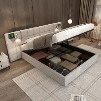 Sweiko Lit rembourré 180 x 200 cm, Lit hydraulique ,Avec port USB & Wireless Charging & lampe éclairée, Avec espace de rangement, Linen, Gris