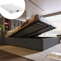 Sweiko Lit double avec chargement sans fil USB C, Lit rembourré Cadre de lit 140x200cm,Cadre de lit avec espace de rangement Sommier à lattes Gris avec matelas