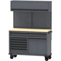 HBM établi mobile 136 cm avec 7 tiroirs et armoire supérieure, gris
