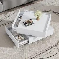Sweiko Table basse fonctionnelle pour le salon, pivotant à 360°, plateau de table pivotant avec 2 étagères et espace de rangement, piétement table d'appoint de salon blanc pur, 60x60x38 cm