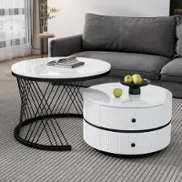 Sweiko Ensemble élégant de 2 tables basses blanches en forme de nid, 60x60x46cm & 50x50x31cm, tables rondes à l'aspect marbre brillant, 2 tiroirs, supporte jusqu'à 30kg,Combinaison Nesting Table basse