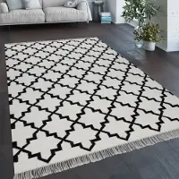 Paco Home Tapis de salon Motif marocain Franges Tissé à la main Coton Blanc Noir Dimensions 240 x 340 cm