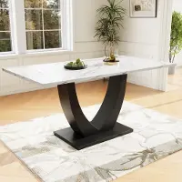 SUCCESS COURIER Table à manger moderne (140 x 75,5 cm) aspect marbre blanc, table de cuisine rectangulaire avec piètement métallique noir robuste, grande table à manger pour 4 à 6 personnes, blanc/noir