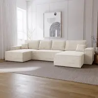 Emporius Furniture Canapé d'angle en U avec fonction sommeil Bergamo - Canapé d'angle 375 cm avec coffre de lit, Canapé-lit U Vanille (Amor Velvet 4323)