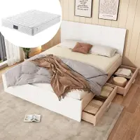 Sweiko Lit double en bois 160×200cm avec 2 tiroirs,cadre de lit &sommier à lattes chêne/blancAvec matelas