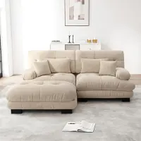 Sweiko Cloud Canapé d'angle pour salon, Chenille Canapé double avec 2 coussins lombaires et 2 coussins décoratifs, Canapé rembourré avec de larges accoudoirs et ottoman, Chenille Marron clair