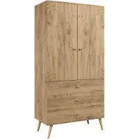 Bettso IKON Armoire à deux portes avec tiroirs, poignées type "string", 100 cm, finition chêne doré